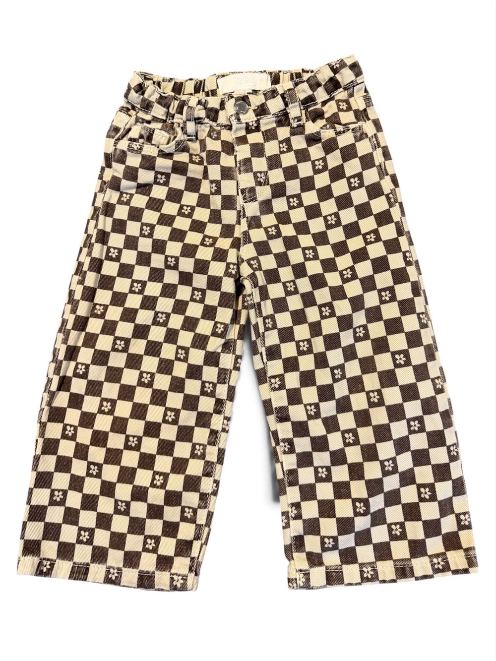 Zara Kids Brown & Cream Checkerboard Wide-Leg Jeans